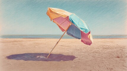 Colorful Beach Umbrella on Sandy Shore Under Clear Blue Sky with Calm Ocean in Background