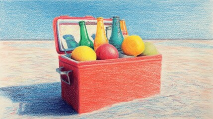 Vibrant Red Cooler Filled with Refreshing Drinks and Colorful Fruits on a Sunlit Beach Landscape