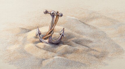 Detailed Illustration of an Anchor Embedded in Sandy Terrain with Twisted Rope Accents
