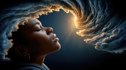 Woman in thoughtful cloud portrait