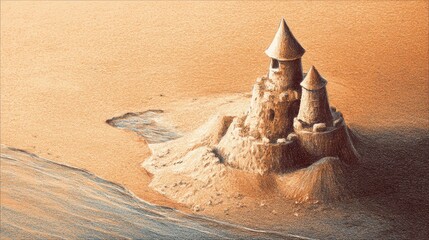 Detailed Sand Castle on a Seashore Beautifully Crafted with Towers Surrounded by Gentle Waves and Sandy Beach