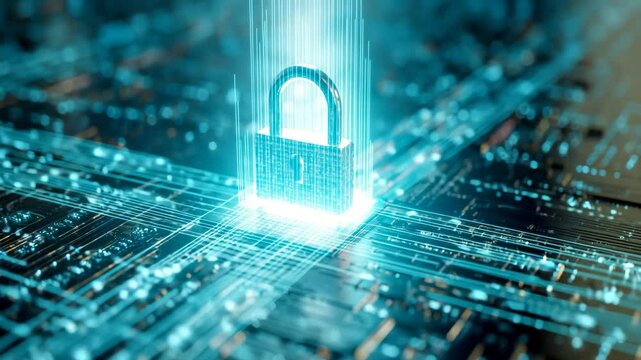 Digital Padlock on Circuit Board Representing Cybersecurity