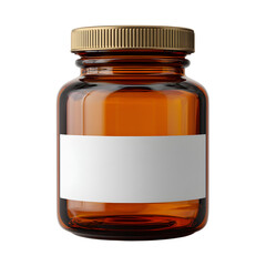 Amber glass bottle with a white label and a metallic gold lid, isolated on black background for mockup