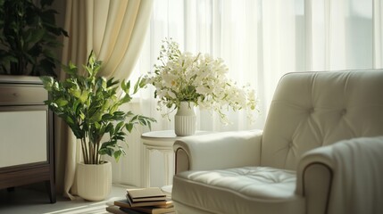 Living room with leather sofa and potted plants near window.
