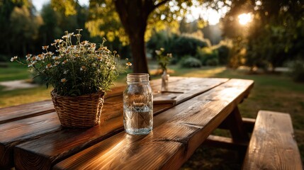 Wooden picnic table outdoors sunlight
