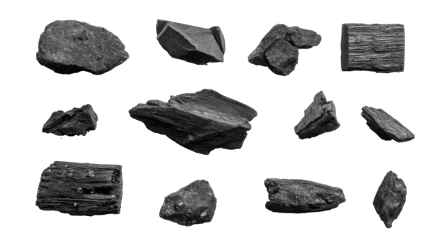 Close-up view of various dark gray rock fragments, diverse shapes and sizes, against a black background