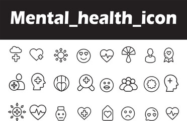 Mental Health Icons: A comprehensive collection of minimalistic icons, illustrating various aspects of mental well-being and emotional health in a sleek monochrome palette.