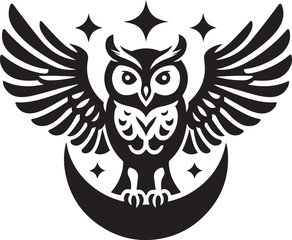 Fototapeta premium Nocturnal Owl Silhouette: A striking black and white illustration of an owl, perched upon a crescent moon, with outstretched wings and surrounded by twinkling stars.