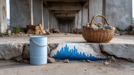 Abandoned concrete structure with art