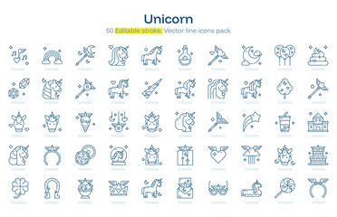 Unicorn line icon pack. Unicorn Stroke icon set. Editable Stroke icon