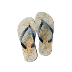 Well-worn flip-flops scattered with sand on a dark surface, reminiscent of a day at the beach.