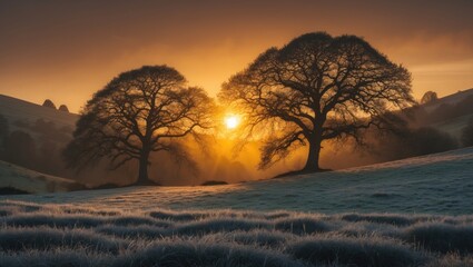 Golden sunrise over tree silhouettes, hills, and frosty grass.