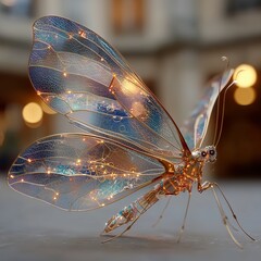 Side view of a futuristic robotic butterfly featuring glowing, translucent wings with fine circuitry, standing on a blurred urban background.