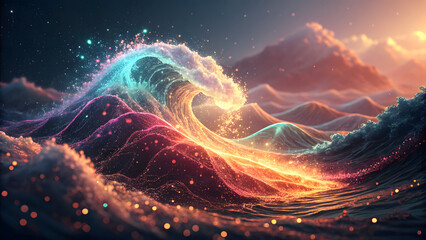 This breathtaking digital artwork captures a glowing ocean wave illuminated by the soft light of a sunset.