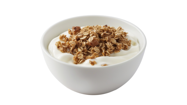 A bowl of white yogurt topped with crunchy granola isolated on a transparent background, perfect for breakfast. PNG - Powered by Adobe