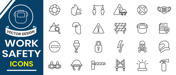 Work Safety icon vector set. Outline icons related to work safety, protection, emergency, evacuation, fire, first aid,  danger warnings, and more. Vector illustration.
