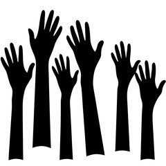 Volunteer hands vector illustration of a group of people raising their arms with fingers up, a black silhouette icon of human palms, and a child's hand for charity and help