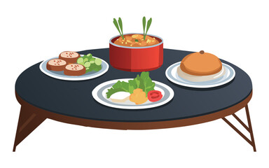 Dinner Table with Variety of Hot Meals - Vector Illustration