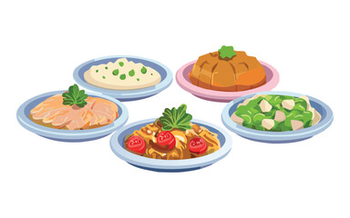 Creamy Dishes with Steamed Rice and Vegetables - Vector Illustration
