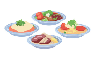 Colorful meal set with assorted vegetables and sauce - vector illustration