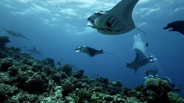 Two stingrays swimming through clear tropical waters with coral below