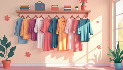 Colorful dresses on hangers in a well lit room
