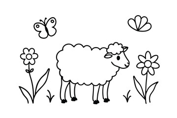 Cute sheep in a field of flowers line art illustration