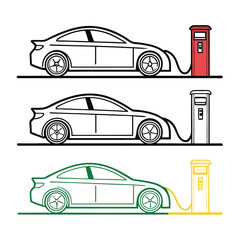 Electric Car Charging at Station - Three Color Variations.