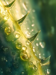 Obraz premium Close-up of succulent plant with dew drops and thorns.