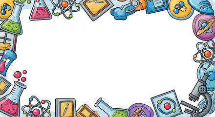 Colorful Science Education Frame: Atoms, Beakers, and Microscopes