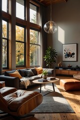 Modern living room with large windows
