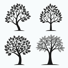 Four stylized black and white tree silhouettes