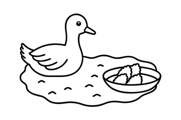 Cute line art duck in a puddle with food