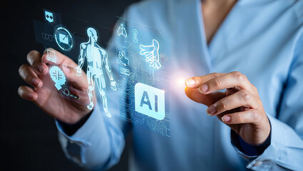 Medical professional interacting with an ai digital interface to analyze human anatomy and health data.