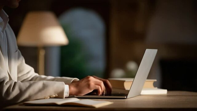 A focused writer types a manuscript on a laptop, crafting a compelling story.