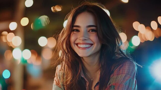 smiling happy young Asian woman at outdoor with street bokeh light, optimistic urban lifestyle 