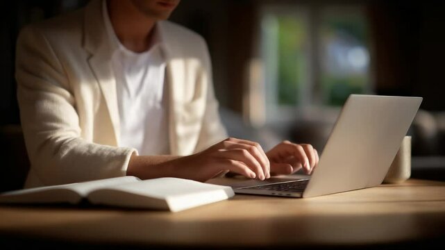 A focused writer types a manuscript on a laptop, crafting a creative story.