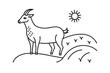 Line art goat on hillside sunny day farm animal illustration