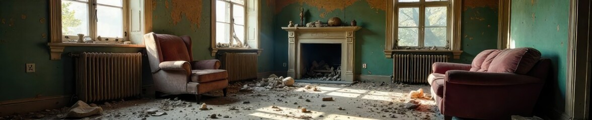 A distressed, damaged interior hinting at a history of domestic violence; broken furniture, shattered objects, and a sense of upheaval , home, pain