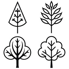 Simple Black Line Art Illustrations of Various Trees.