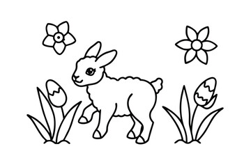 Cute lamb in springtime flowers line art coloring page