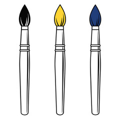 Three stylized paintbrush illustrations in black and white, yellow, and blue.