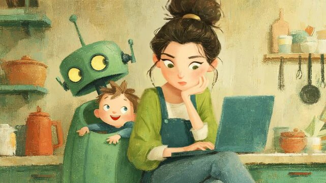 Charming Illustration of a Young Woman Working on a Laptop with her Child and Robot