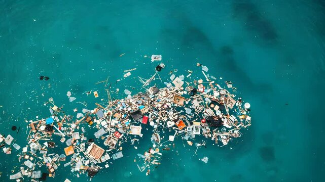 Aerial View Of Floating Trash And Debris In Turquoise Ocean Water Environmental Pollution