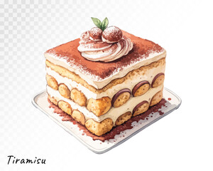 Watercolor tiramisu dessert slice with cocoa and cream, hand-drawn in soft romantic tones for sweet food and bakery designs. Vector illustration