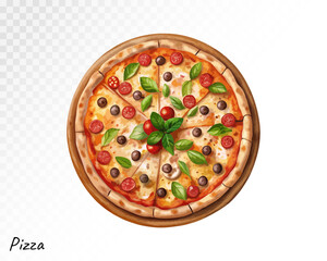 Watercolor pizza with olives, basil and tomatoes, top view painted in warm tones, ideal for Italian cuisine and menu illustrations. Vector illustration