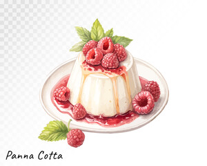Watercolor panna cotta dessert with raspberries and mint, hand-painted in a soft romantic style for culinary and sweet-themed designs. Vector illustration