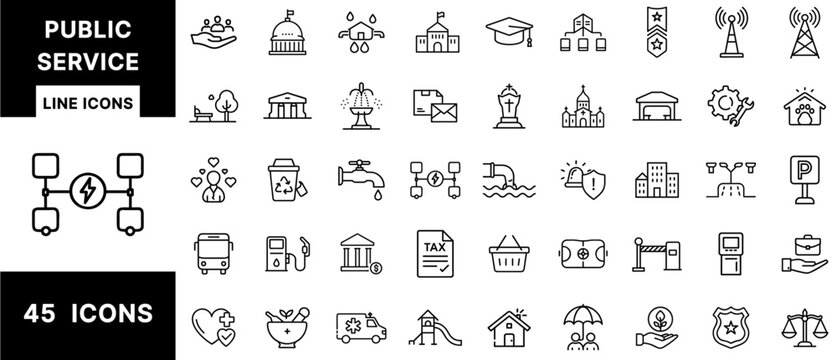 Public Service Line Icons Set Featuring Education, Water Supply, Waste Management, Public Transport, Postal, Healthcare, Parks, Safety, and Community Support Symbols