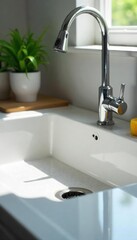 Close-up of a sparkling clean kitchen sink, reflecting light, with gleaming chrome faucet and spotless countertop Freshly cleaned sponge and dish soap nearby , chores, countertop