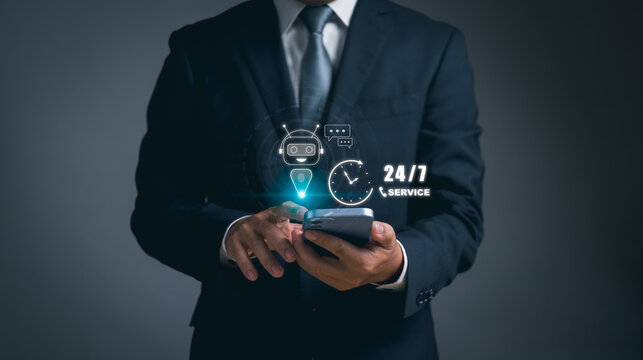 Concept of nonstop service or Customer contact us, businessman show AI icon for contact by working 24 hours every day with clock to provide continuous service to customers all time without holiday